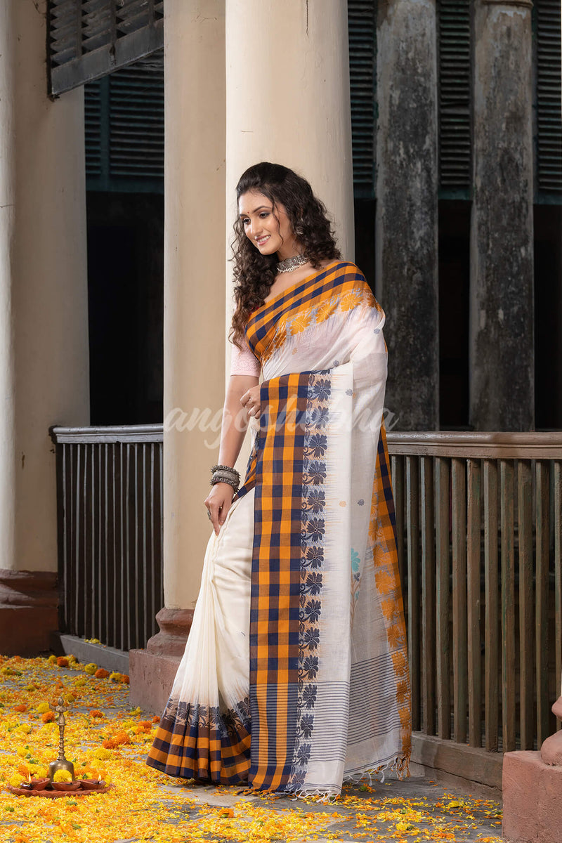 White Cotton All Body Buti With Pallu Multi Colour Border Jamdani Saree