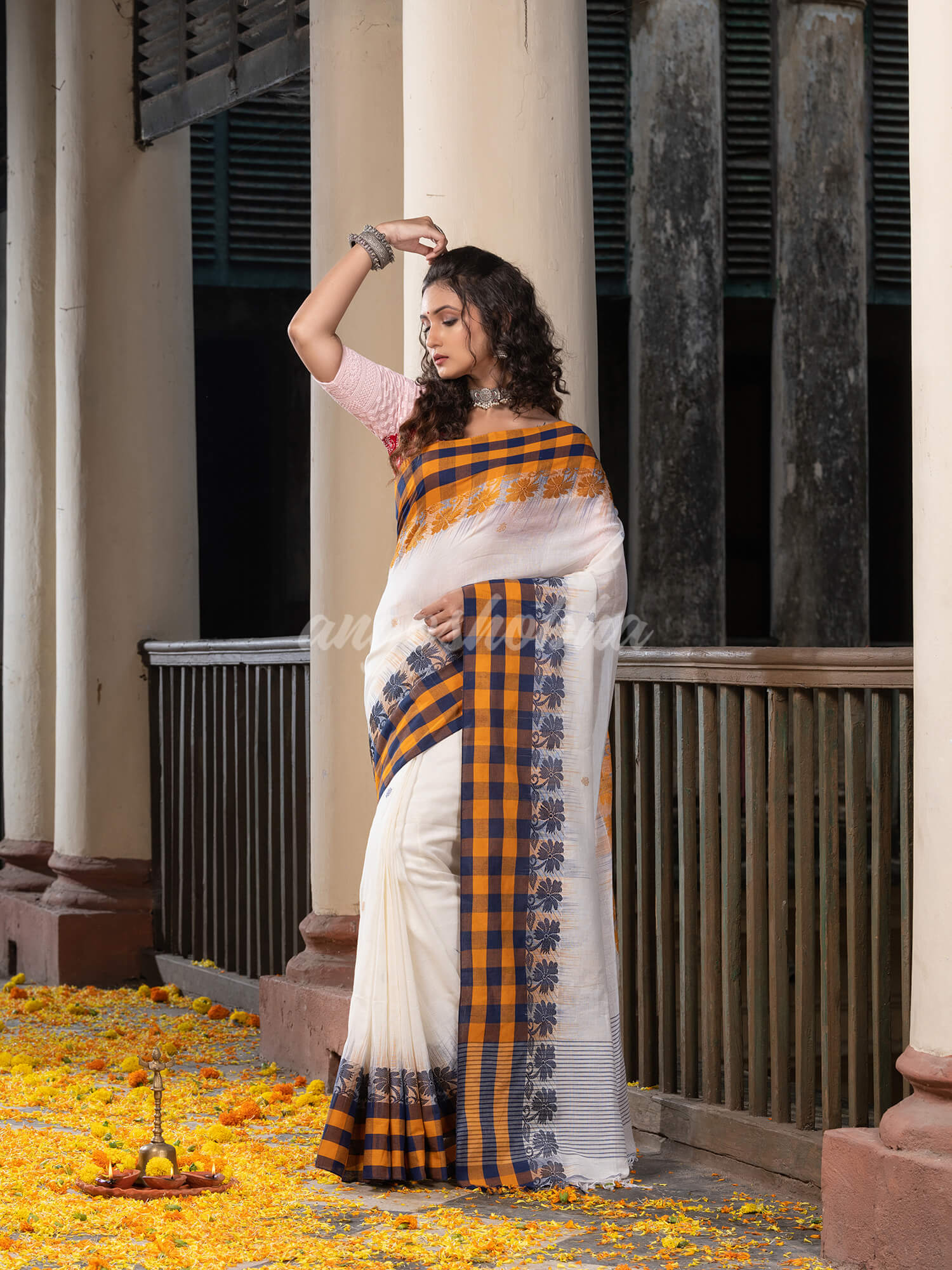 White Cotton All Body Buti With Pallu Multi Colour Border Jamdani Saree