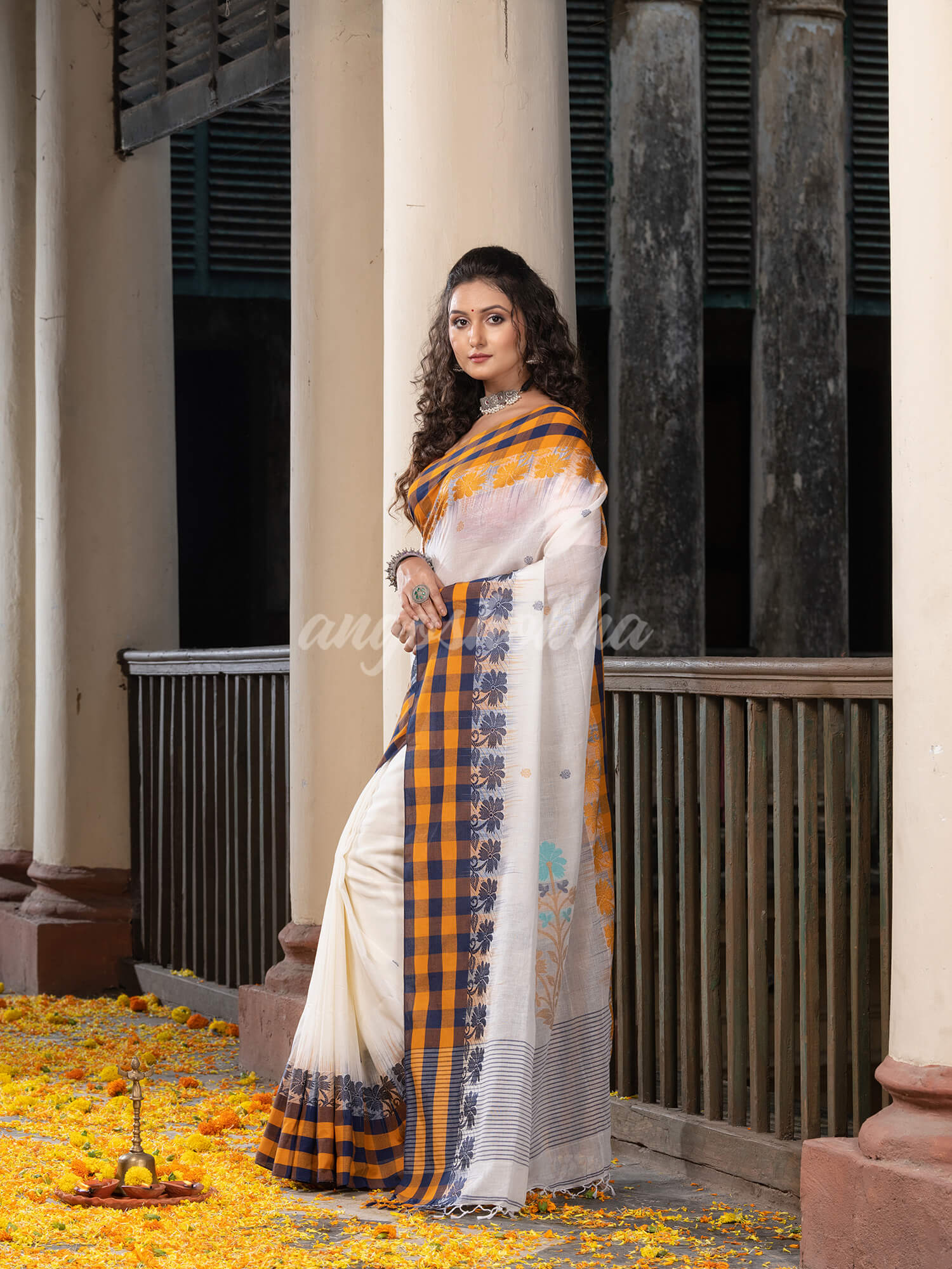 White Cotton All Body Buti With Pallu Multi Colour Border Jamdani Saree
