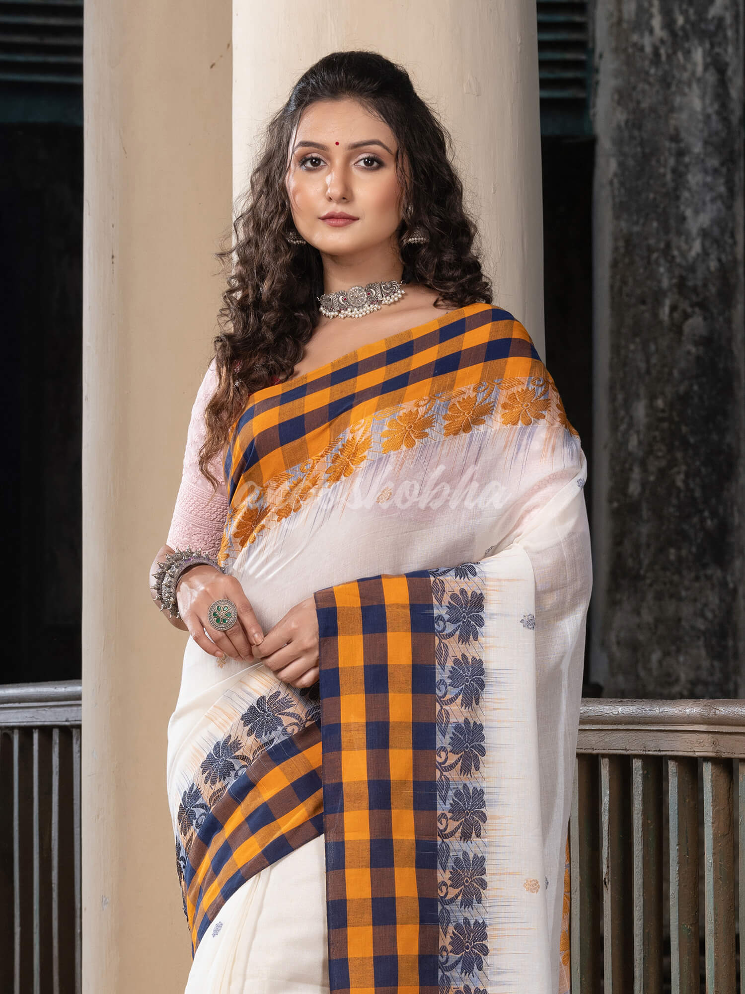White Cotton All Body Buti With Pallu Multi Colour Border Jamdani Saree