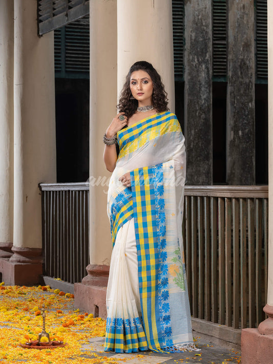 White Cotton All Body Buti With Pallu Multi Colour Border Jamdani Saree