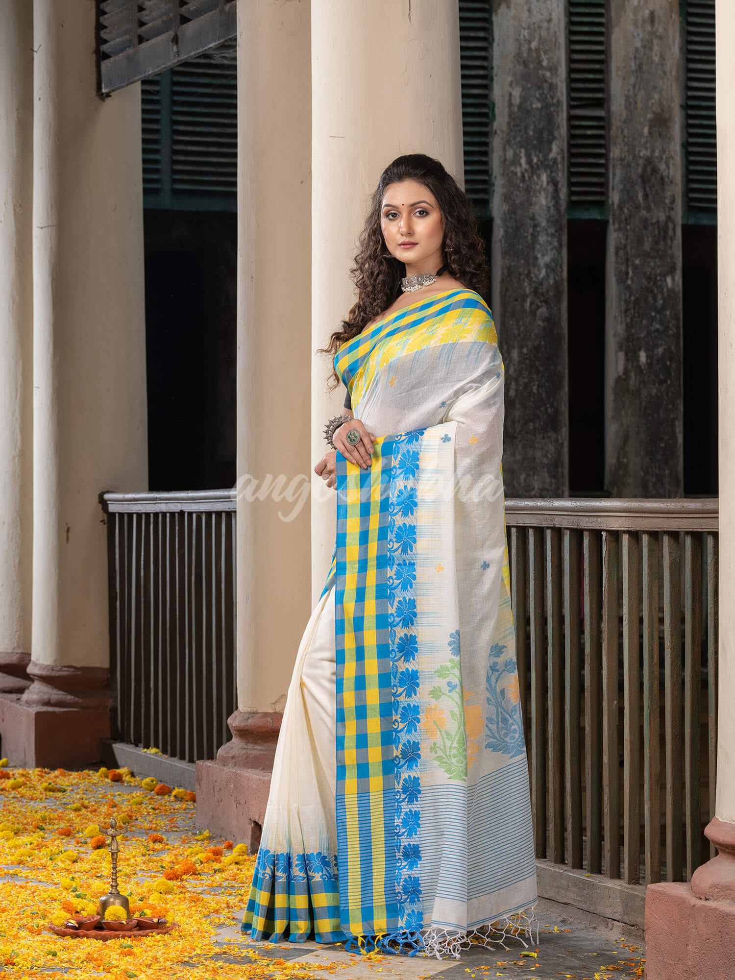White Cotton All Body Buti With Pallu Multi Colour Border Jamdani Saree