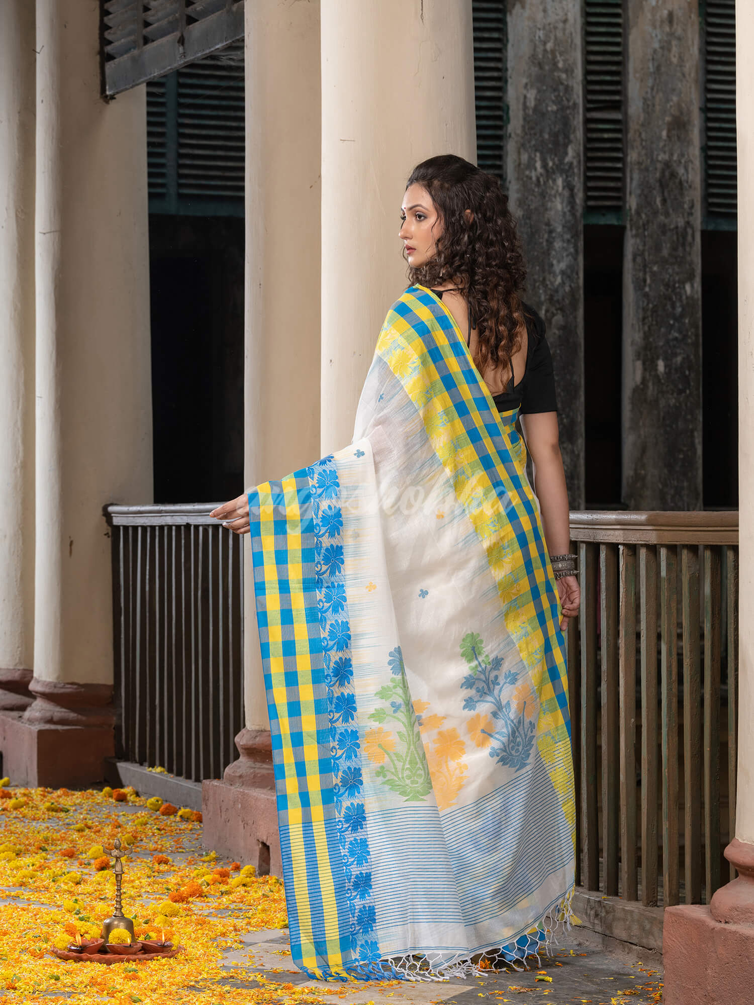 White Cotton All Body Buti With Pallu Multi Colour Border Jamdani Saree