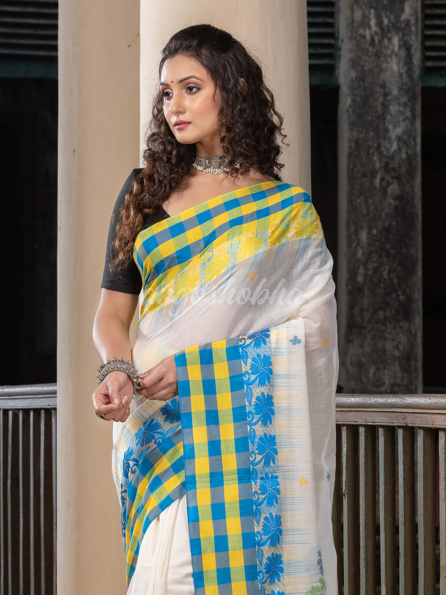 White Cotton All Body Buti With Pallu Multi Colour Border Jamdani Saree