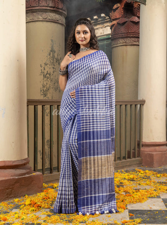 Blue White Cotton Handwoven Saree