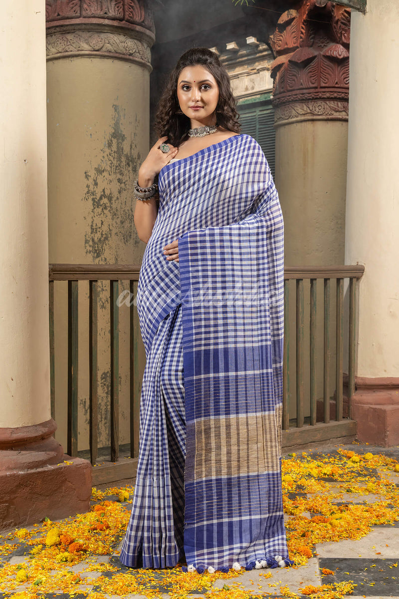 Blue White Cotton Handwoven Saree