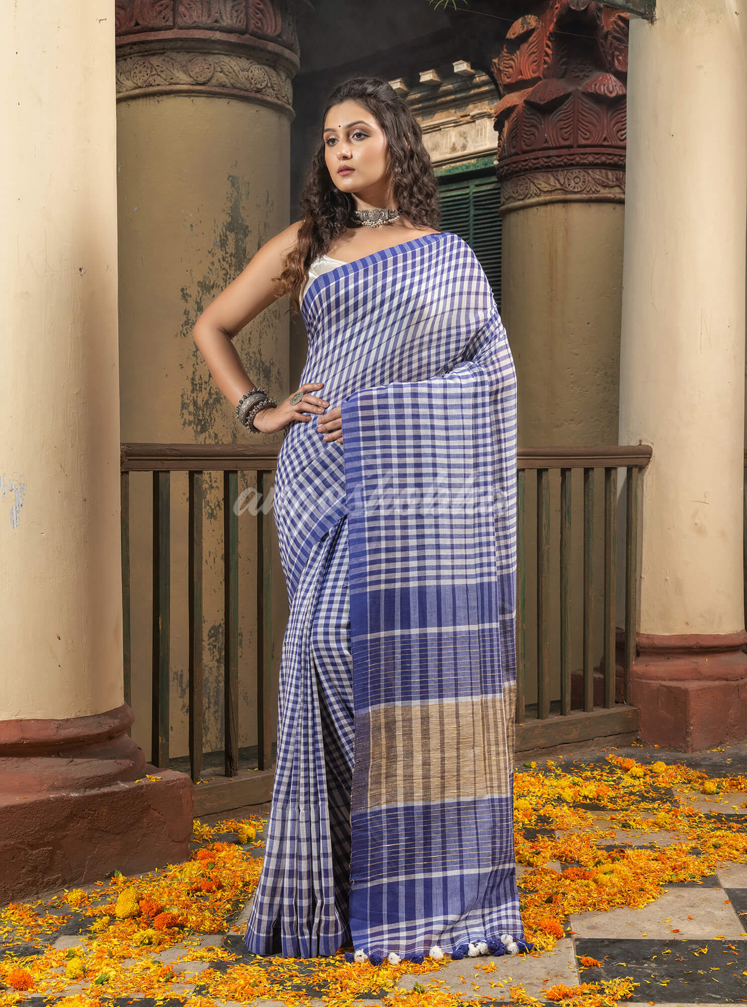Blue White Cotton Handwoven Saree