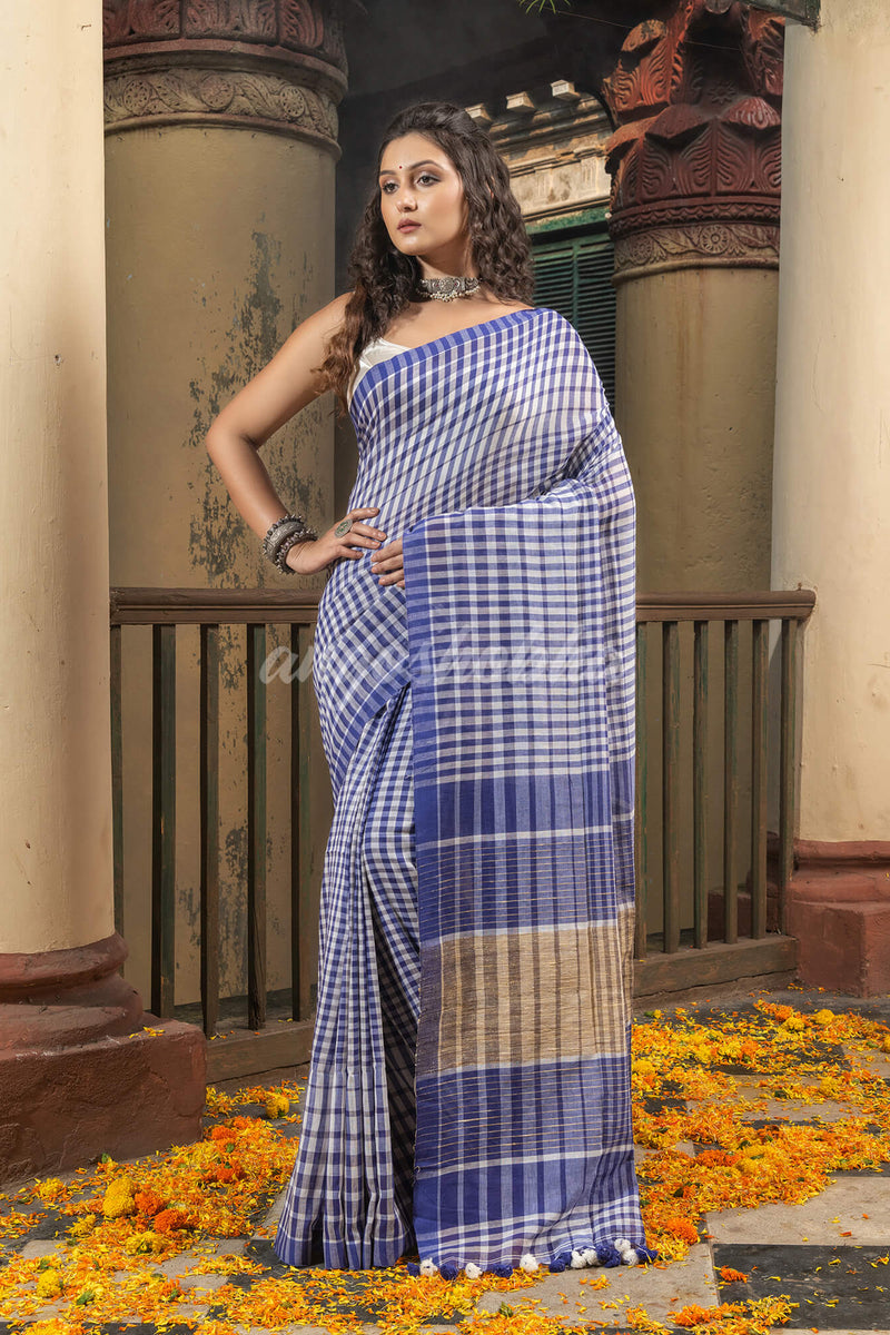 Blue White Cotton Handwoven Saree