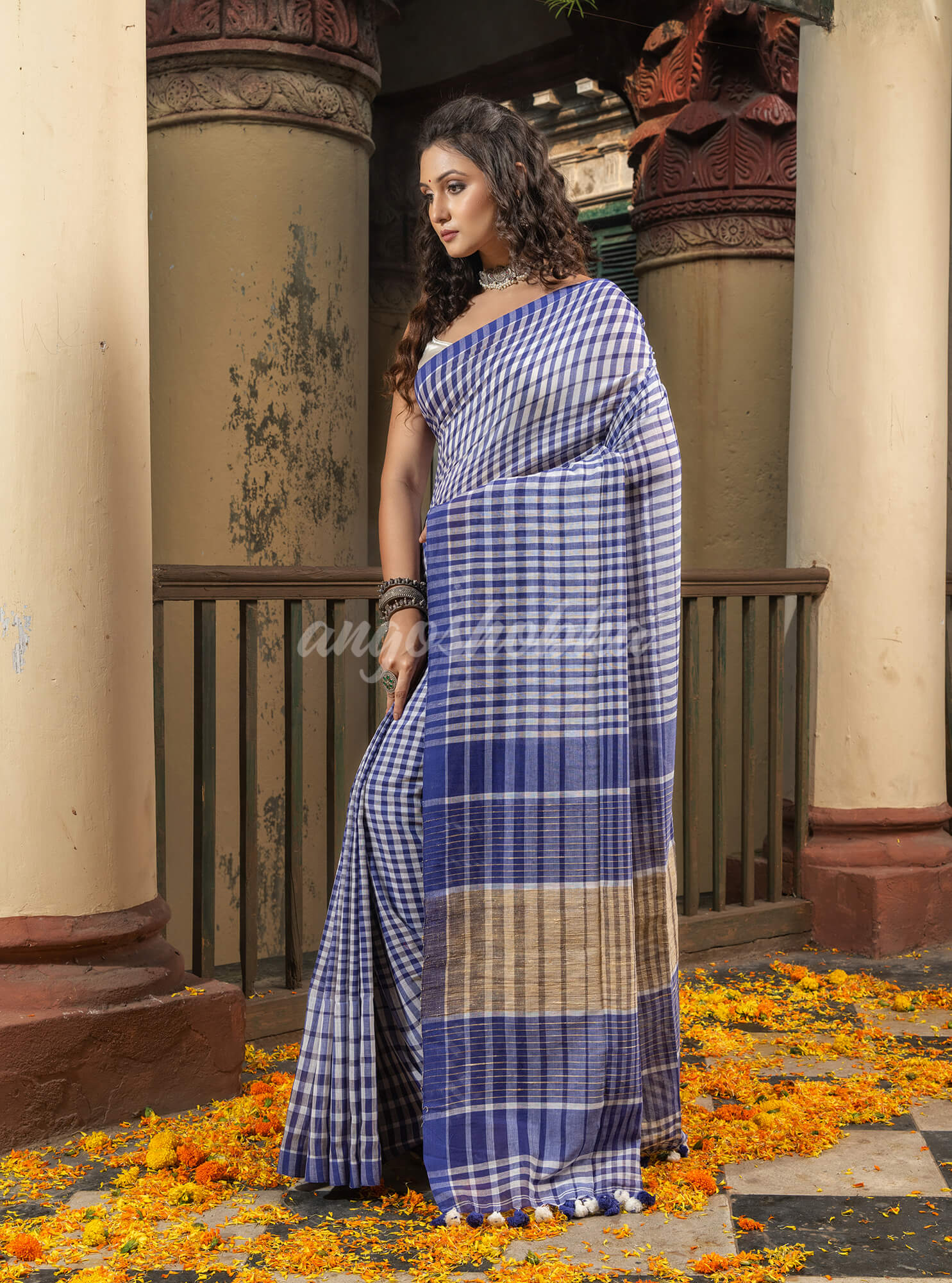 Blue White Cotton Handwoven Saree