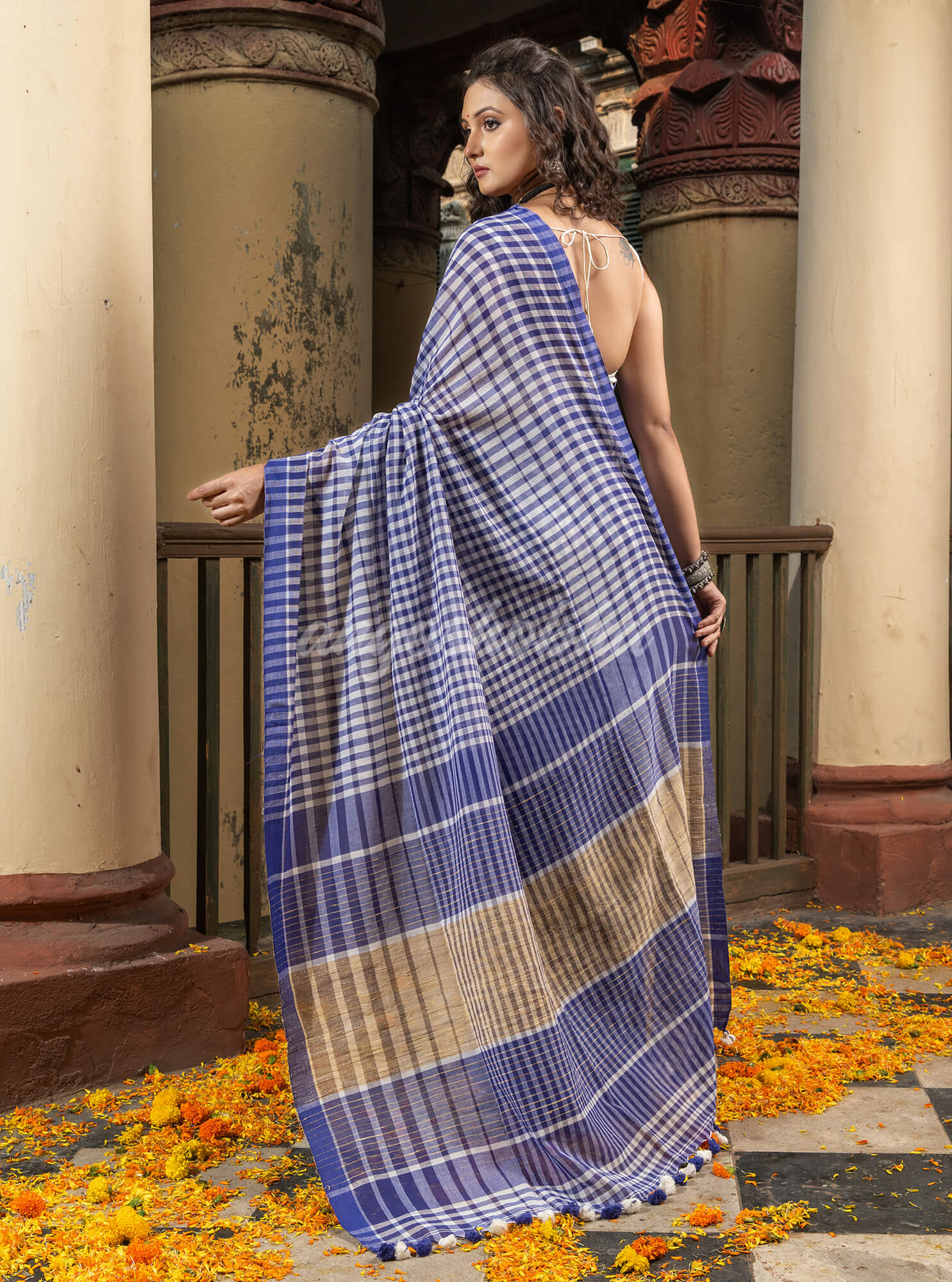 Blue White Cotton Handwoven Saree
