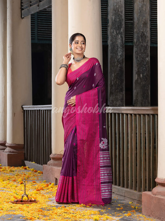 Magenta Cotton All Body Buti With Mahapar Border Jamdani Saree