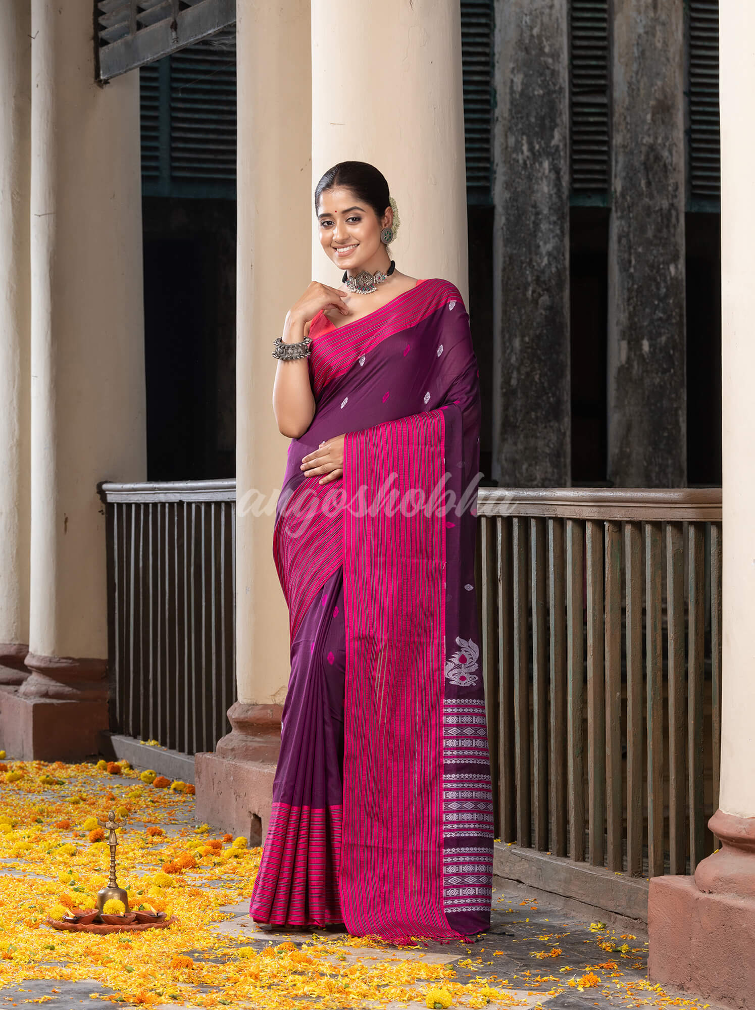 Magenta Cotton All Body Buti With Mahapar Border Jamdani Saree