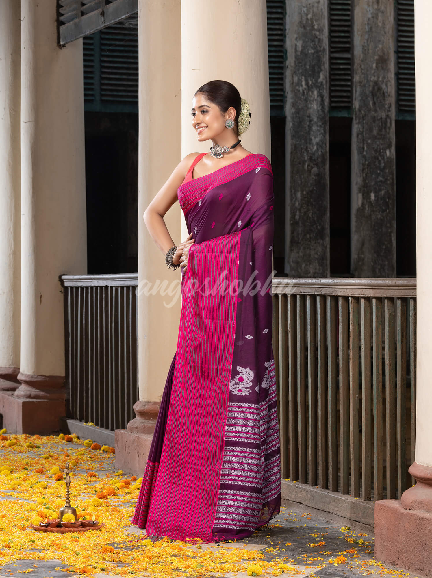 Magenta Cotton All Body Buti With Mahapar Border Jamdani Saree