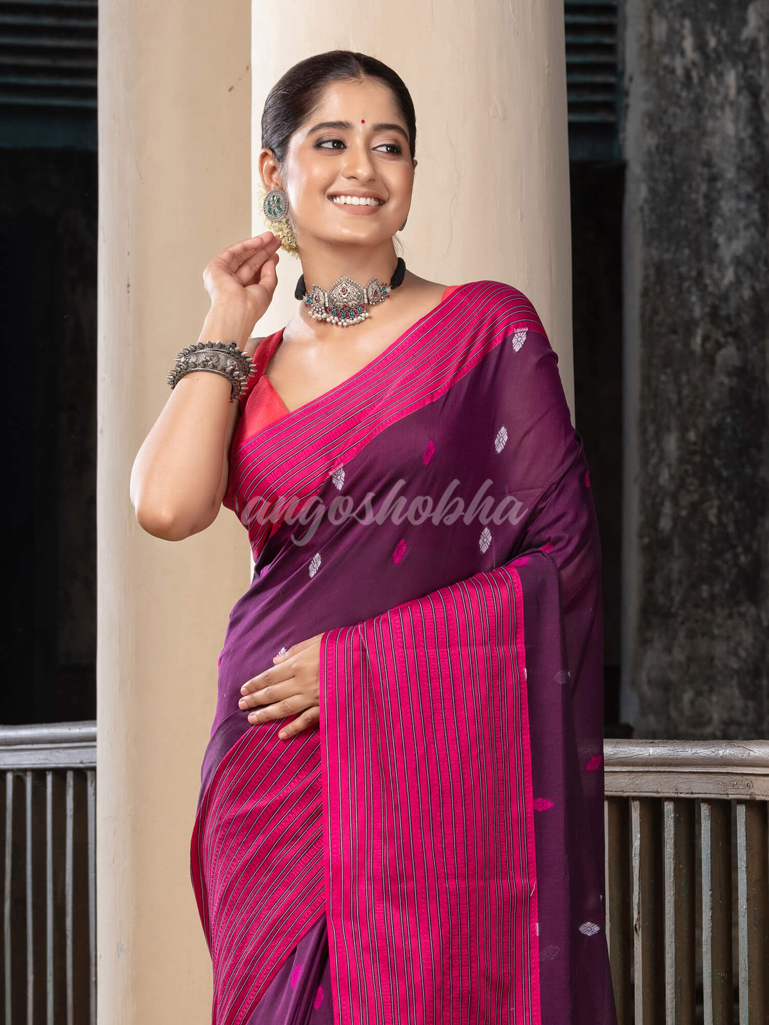 Magenta Cotton All Body Buti With Mahapar Border Jamdani Saree