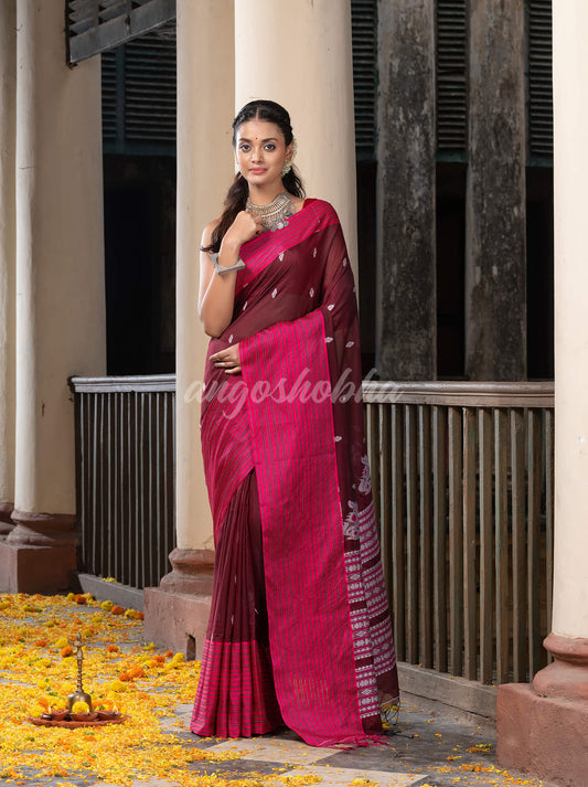 Maroon Cotton All Body Buti With Mahapar Border Jamdani Saree