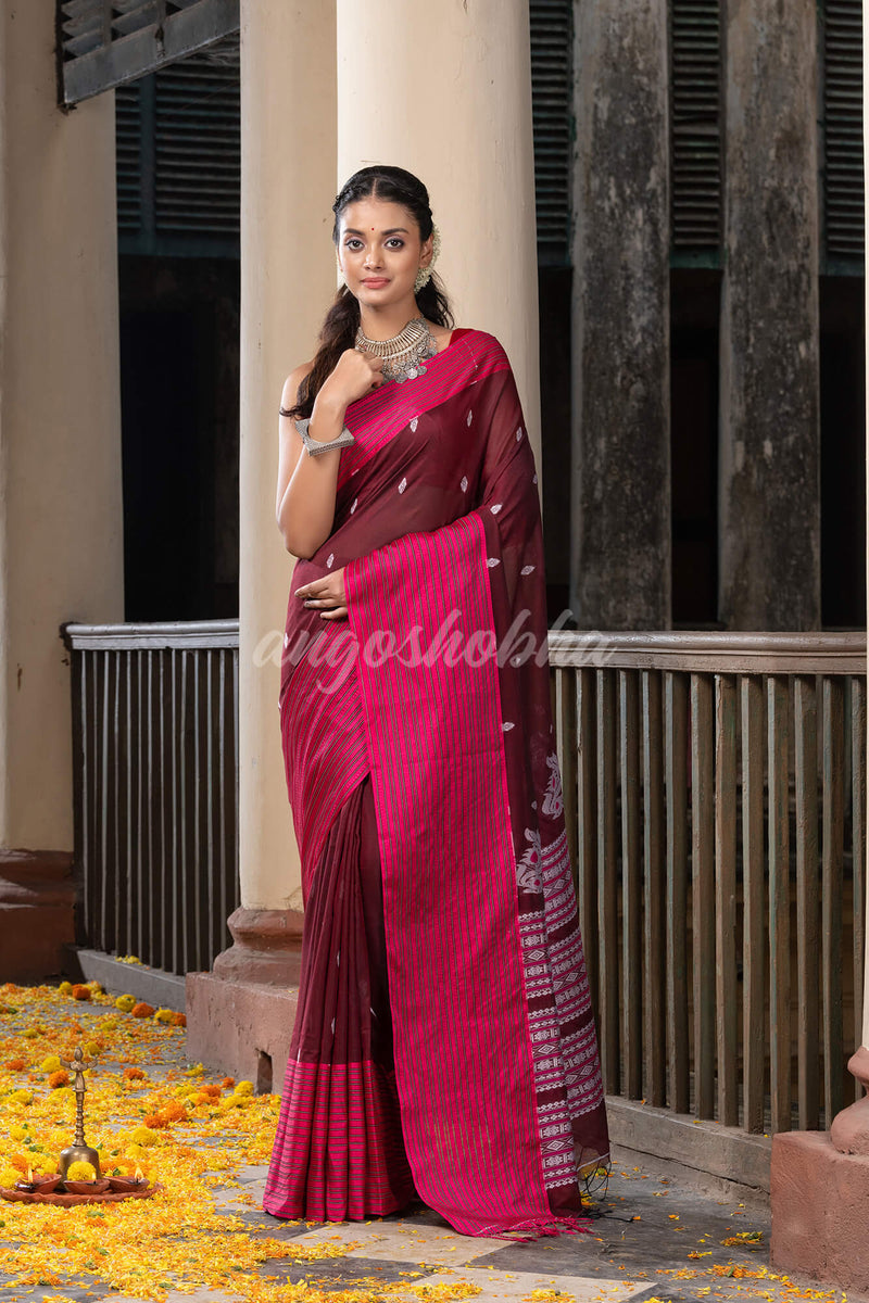 Maroon Cotton All Body Buti With Mahapar Border Jamdani Saree