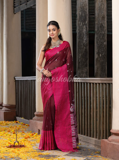 Maroon Cotton All Body Buti With Mahapar Border Jamdani Saree