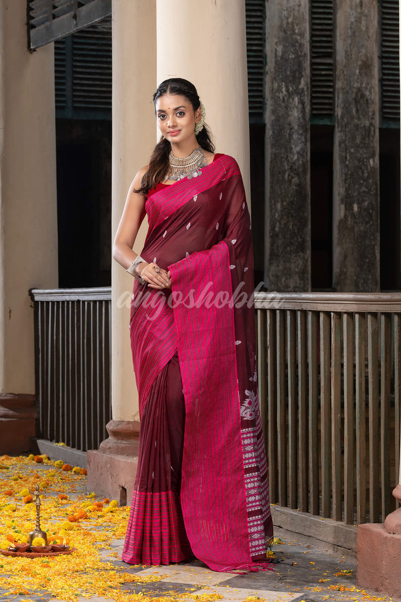 Maroon Cotton All Body Buti With Mahapar Border Jamdani Saree