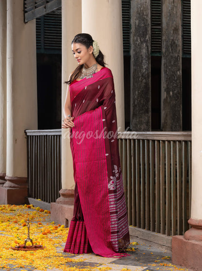 Maroon Cotton All Body Buti With Mahapar Border Jamdani Saree