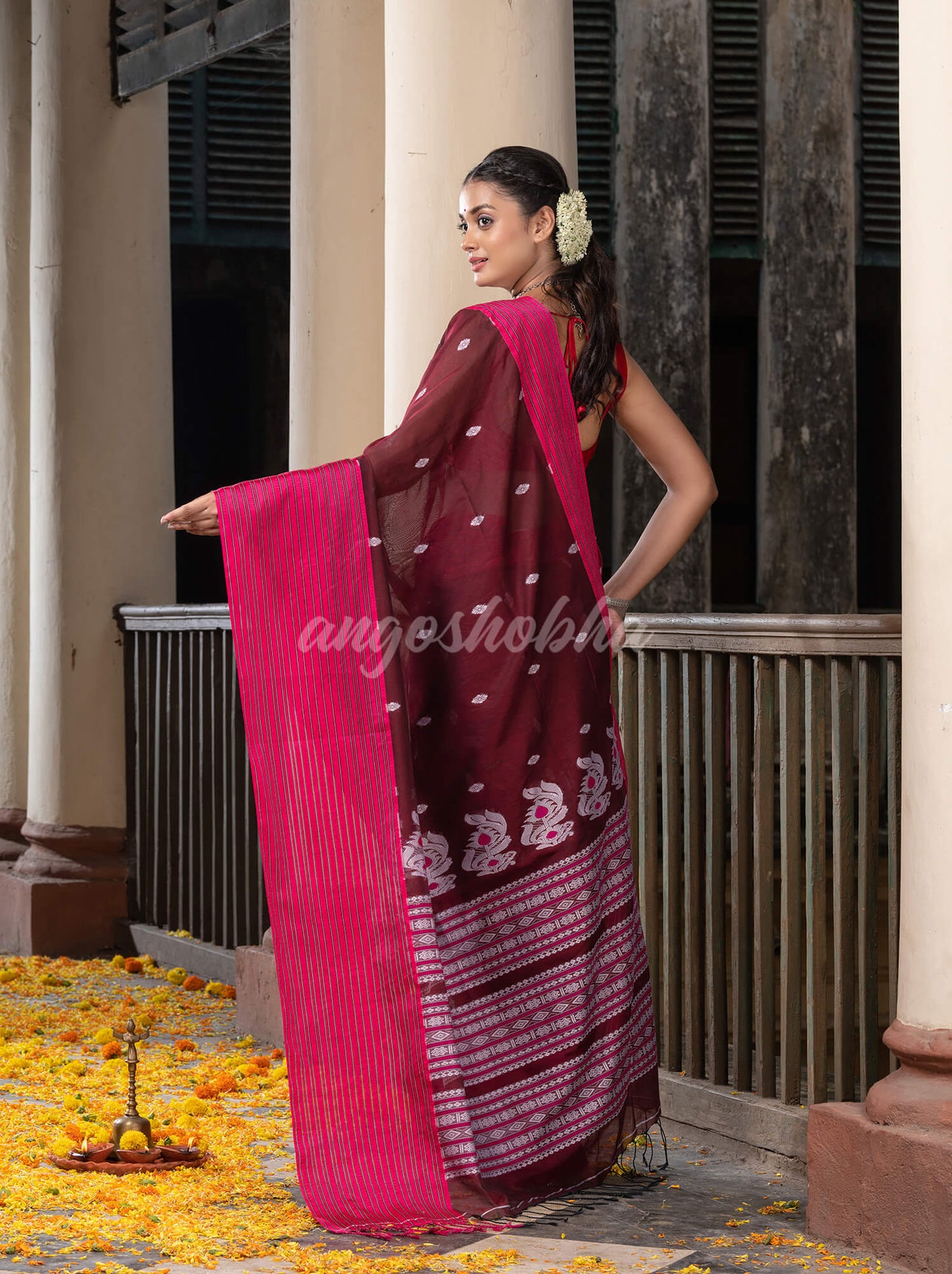 Maroon Cotton All Body Buti With Mahapar Border Jamdani Saree