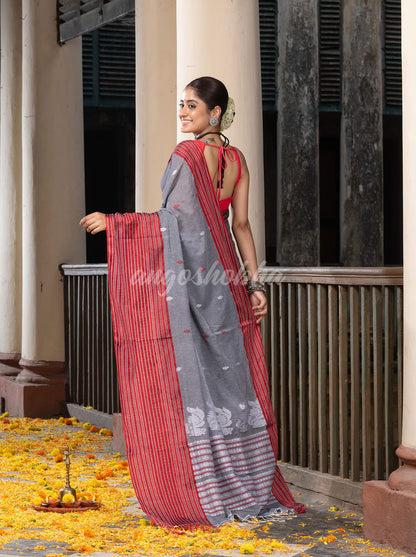 Grey Cotton All Body Buti With Mahapar Border Jamdani Saree