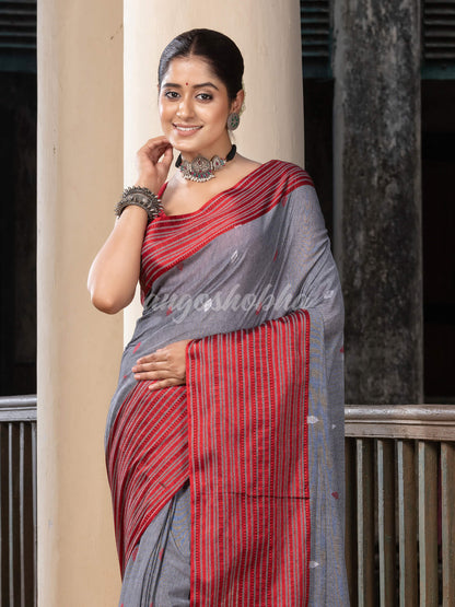 Grey Cotton All Body Buti With Mahapar Border Jamdani Saree