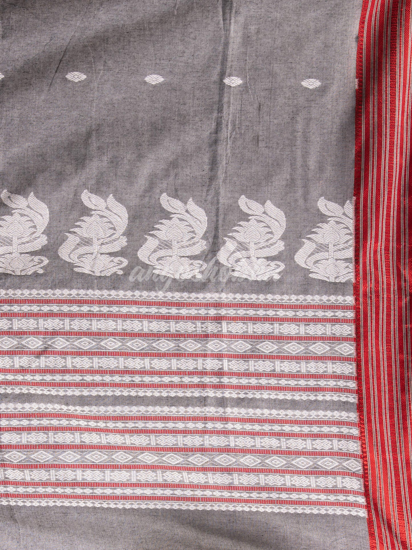 Grey Cotton All Body Buti With Mahapar Border Jamdani Saree