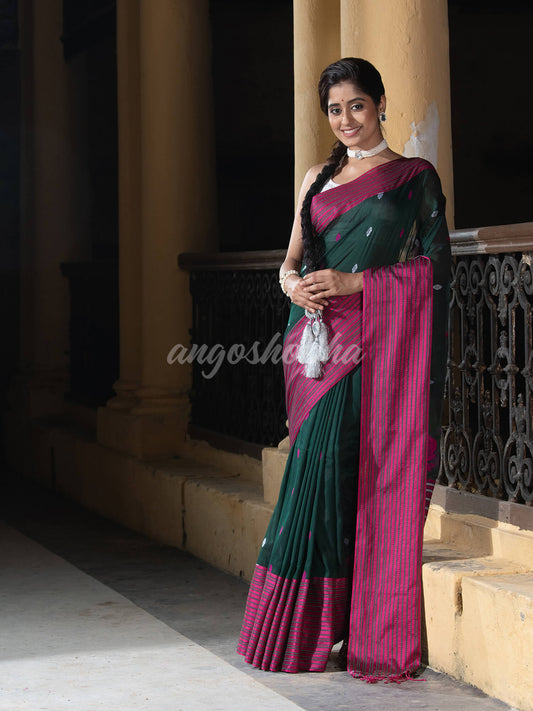 Bottle Green Cotton All Body Buti With Mahapar Border Jamdani Saree