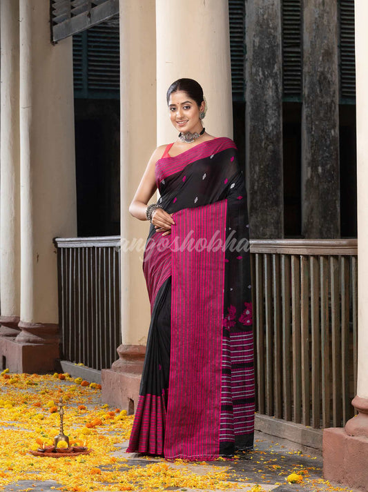 Black Cotton All Body Buti With Mahapar Border Jamdani Saree