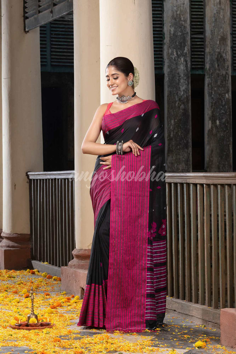 Black Cotton All Body Buti With Mahapar Border Jamdani Saree