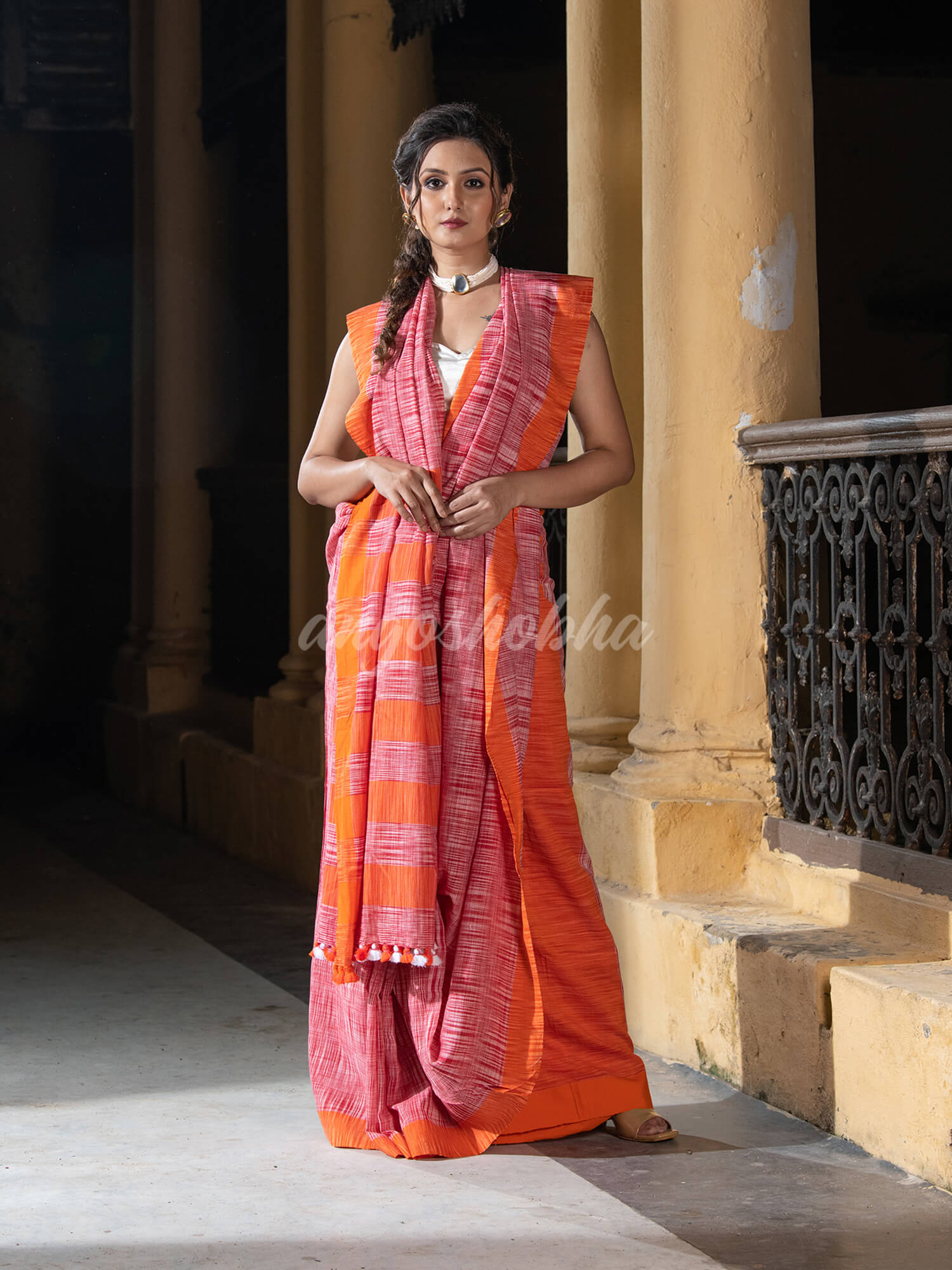 Red Cotton Tai Dye Handloom Saree