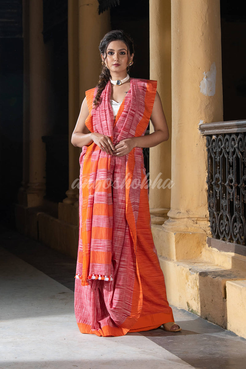 Red Cotton Tai Dye Handloom Saree