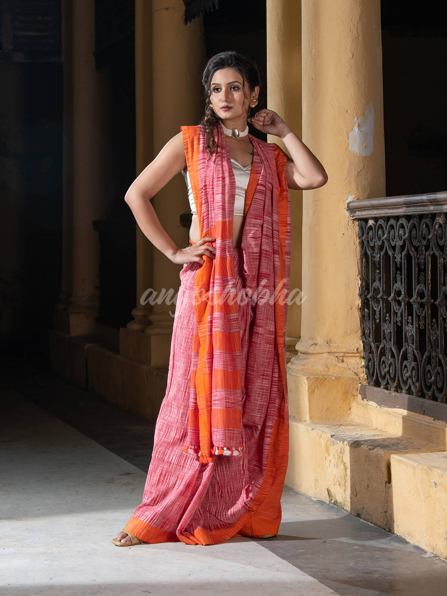 Red Cotton Tai Dye Handloom Saree