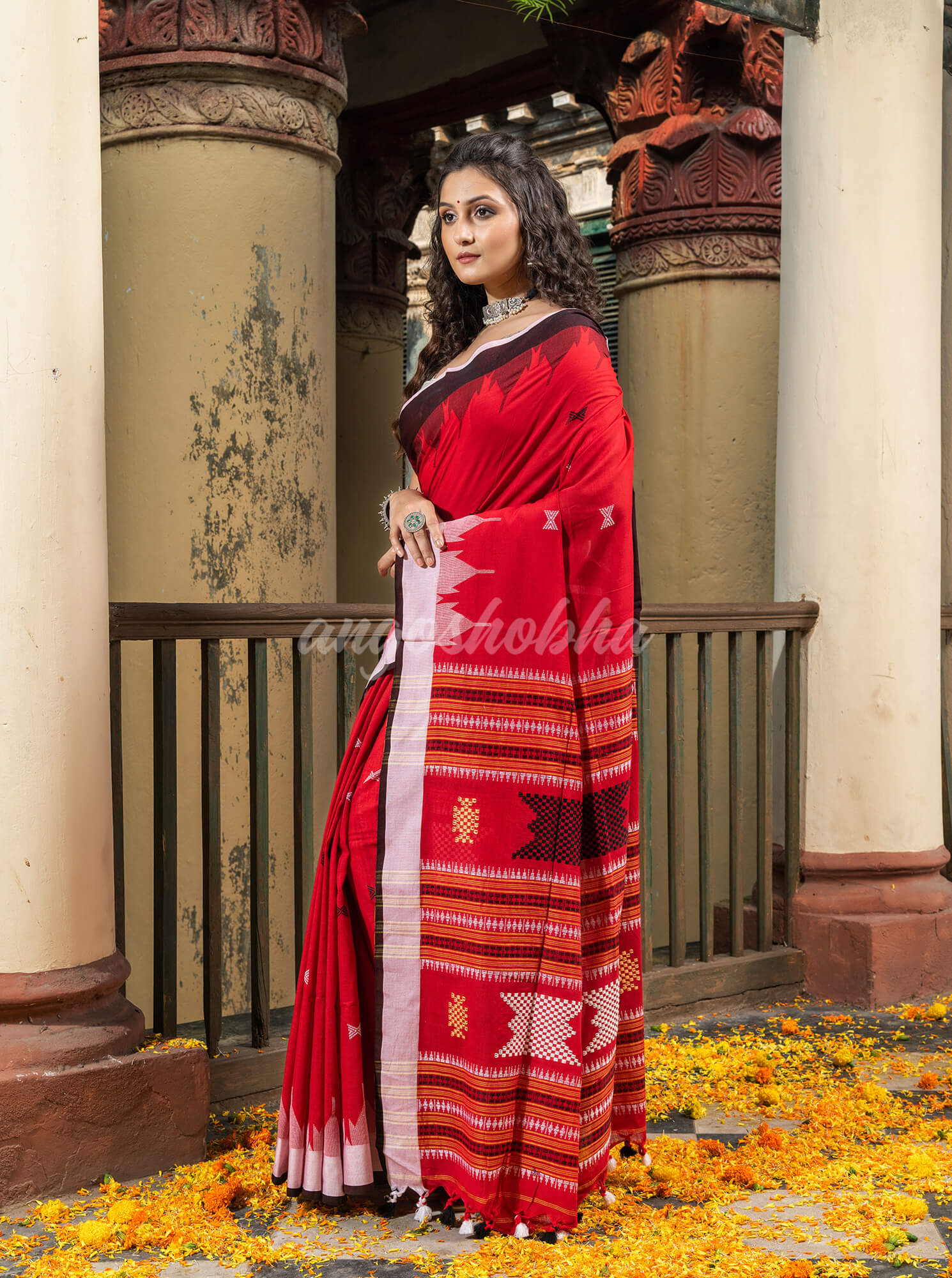 Red Cotton Temple Border Design Pallu Handwoven Saree