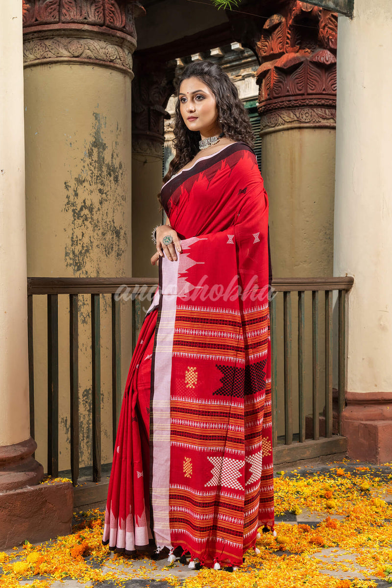 Red Cotton Temple Border Design Pallu Handwoven Saree