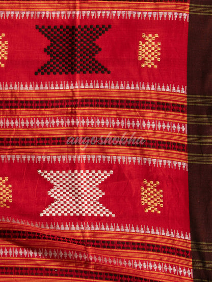 Red Cotton Temple Border Design Pallu Handwoven Saree