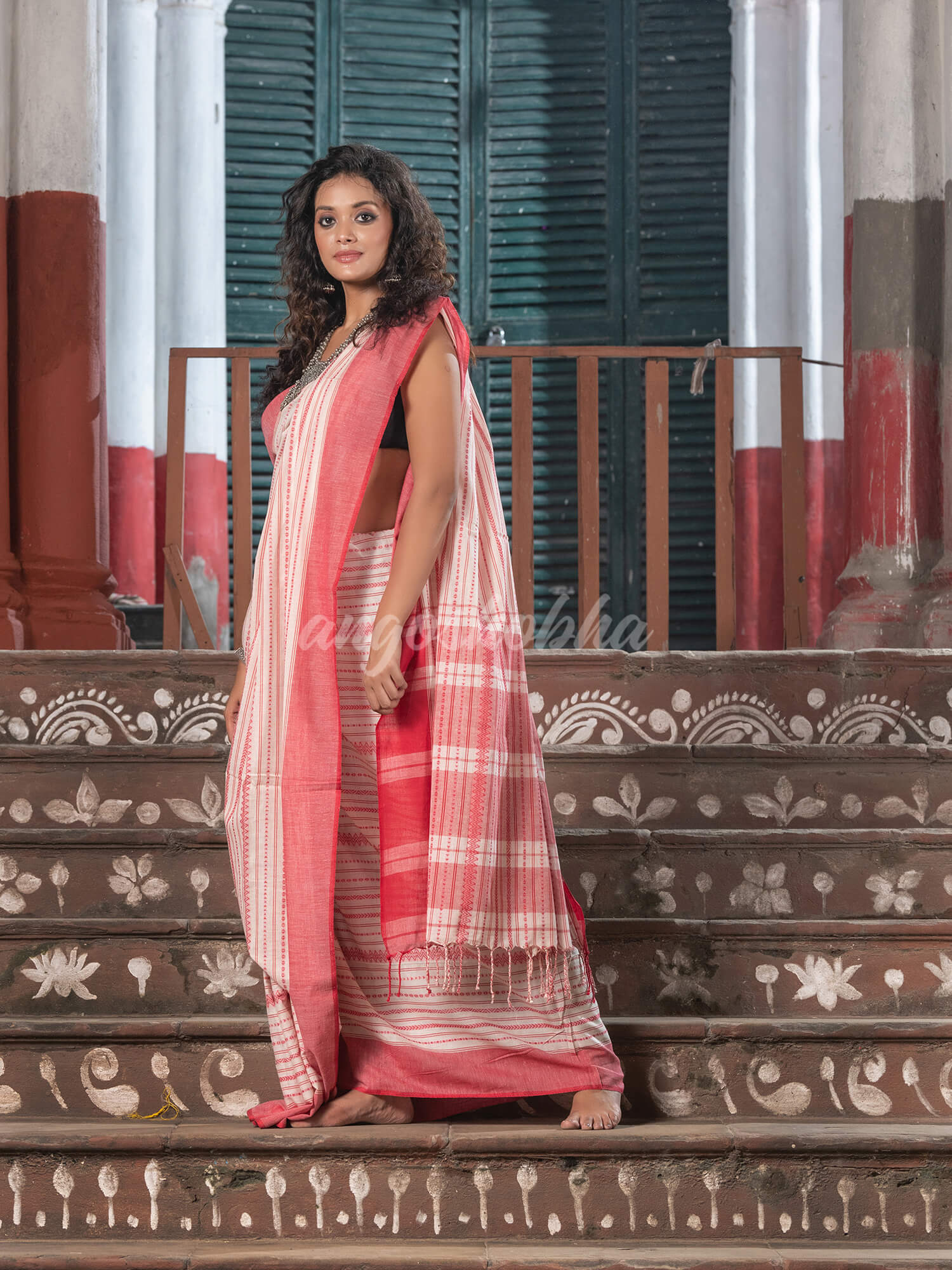 Off White Cotton All Body Stripe Handloom Saree