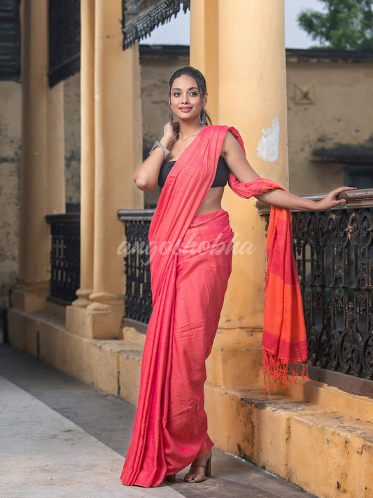 Pink Cotton Solid Body Handloom Saree