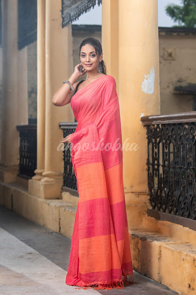 Pink Cotton Solid Body Handloom Saree