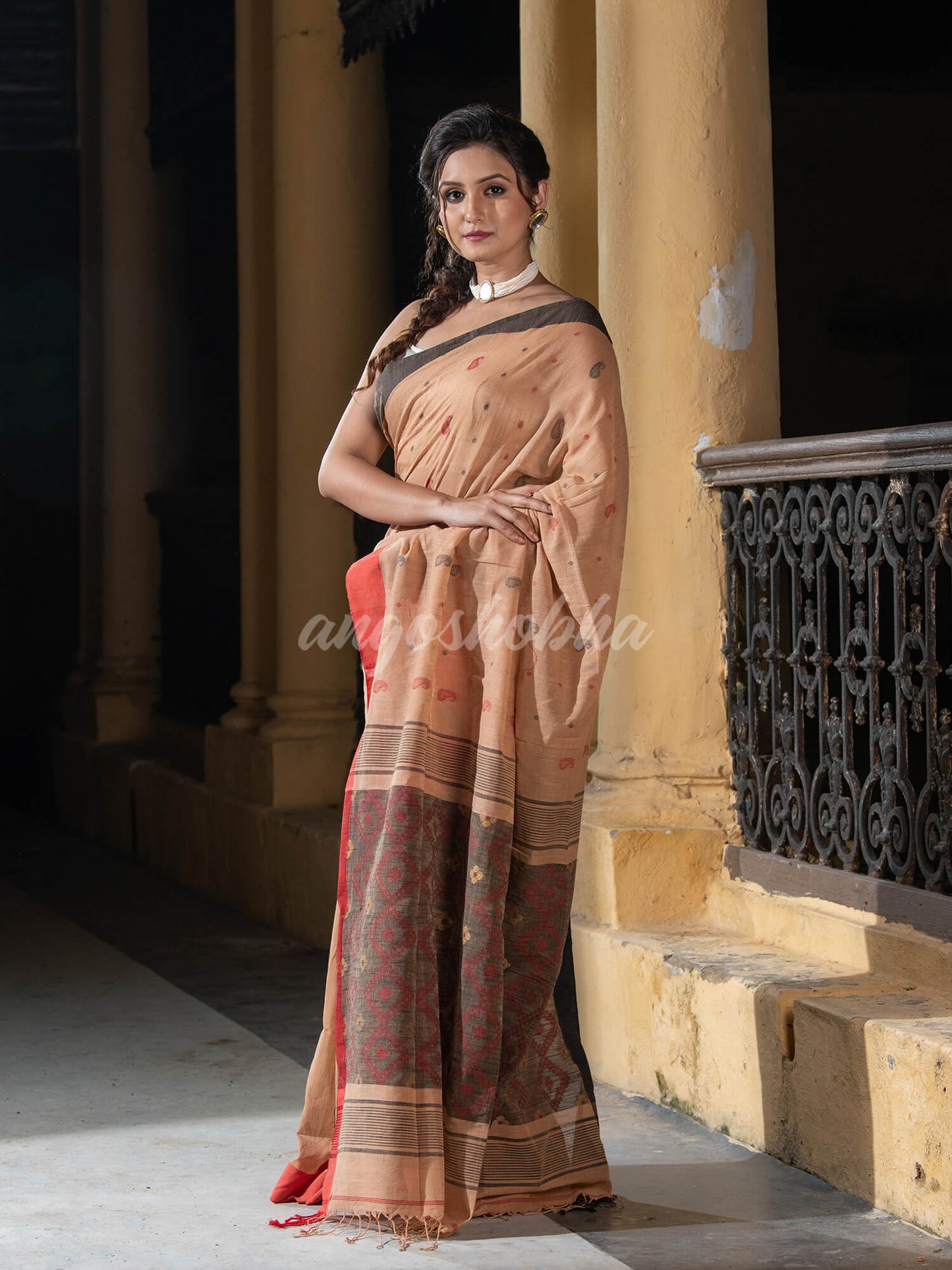 Muga Cotton All Body Buti With Ganga Yamuna Border Jamdani Saree