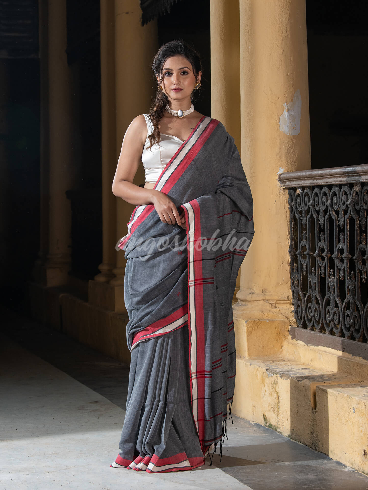 Dark Grey Cotton All Body Buti Handloom Saree