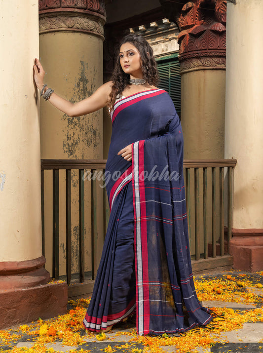 Navy Blue Cotton All Body Buti Handloom Saree