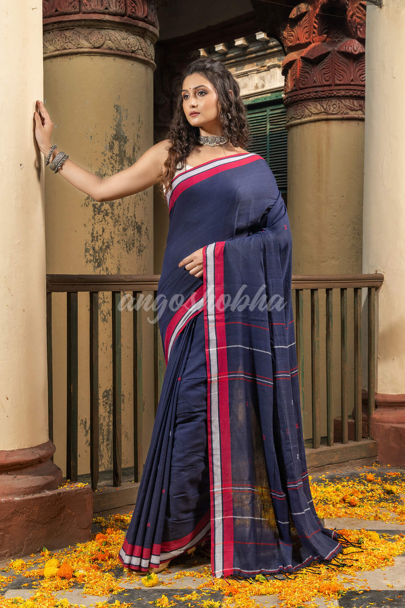 Navy Blue Cotton All Body Buti Handloom Saree