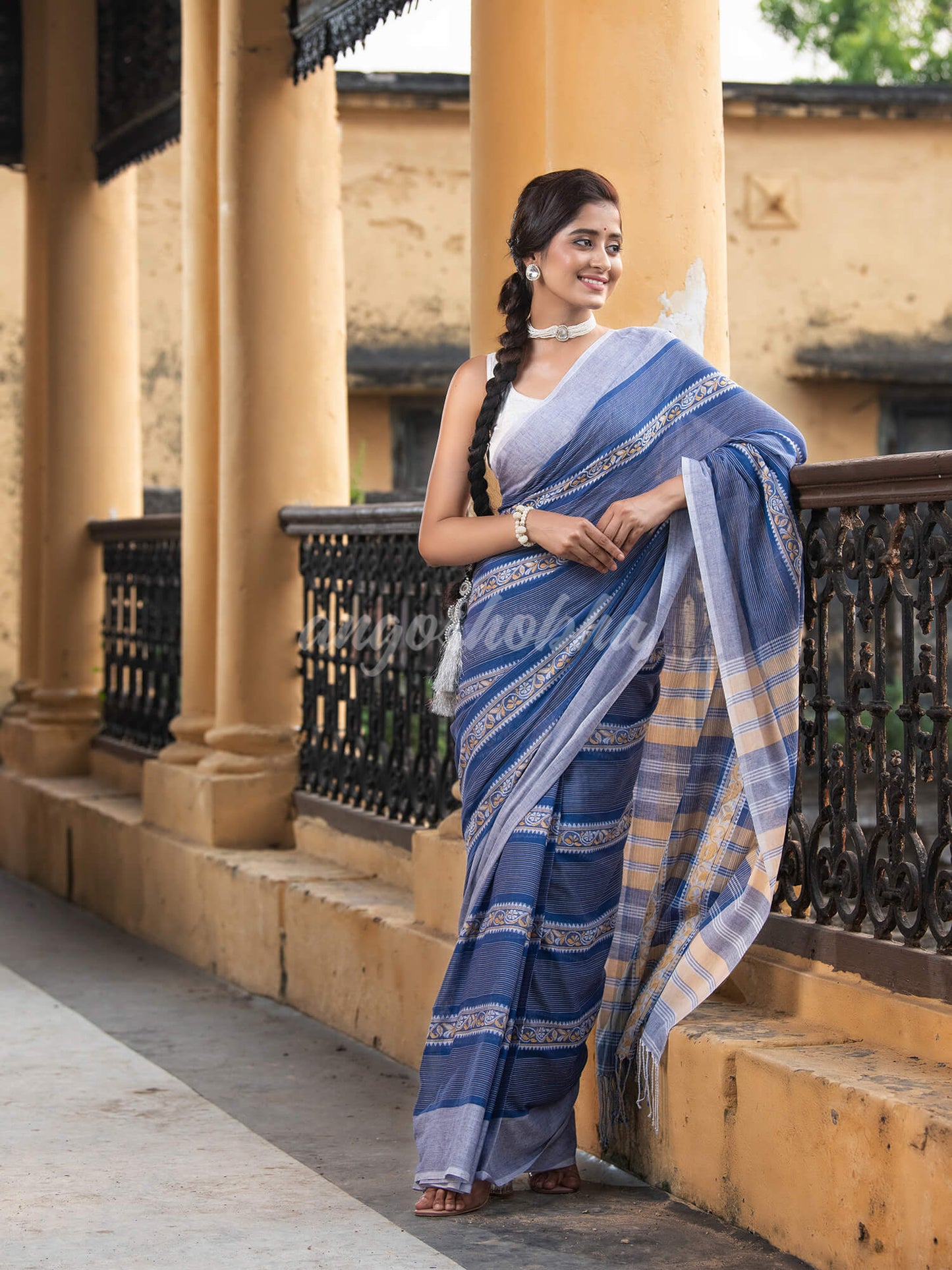 Blue Cotton All Body Jacquard Stripe Handloom Saree