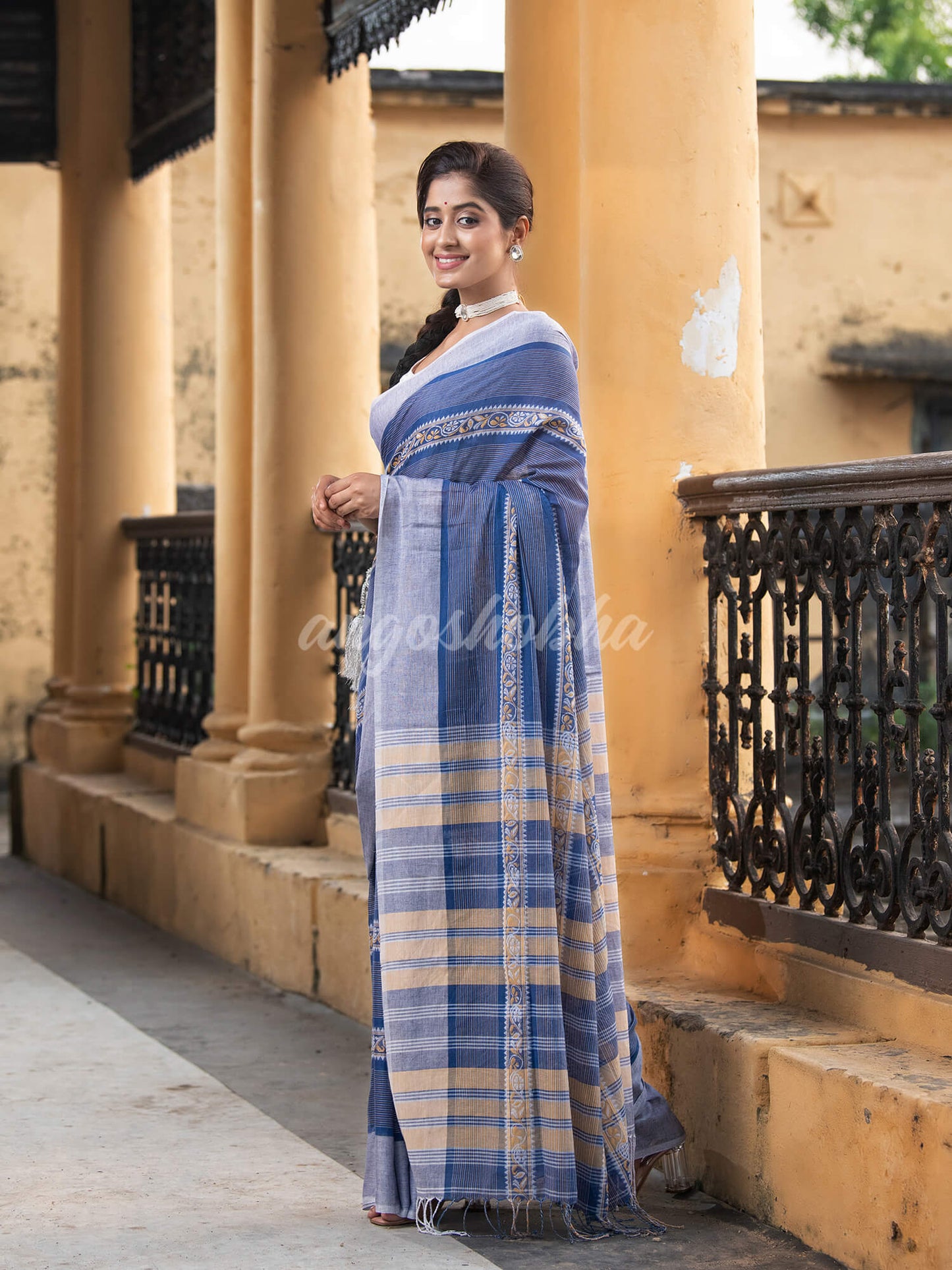 Blue Cotton All Body Jacquard Stripe Handloom Saree