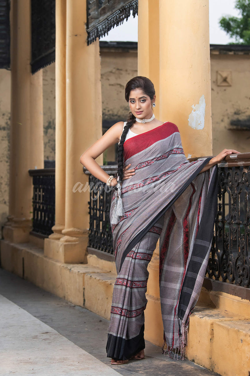 Grey Cotton All Body Jacquard Stripe Ganga Yamuna Border Handloom Saree