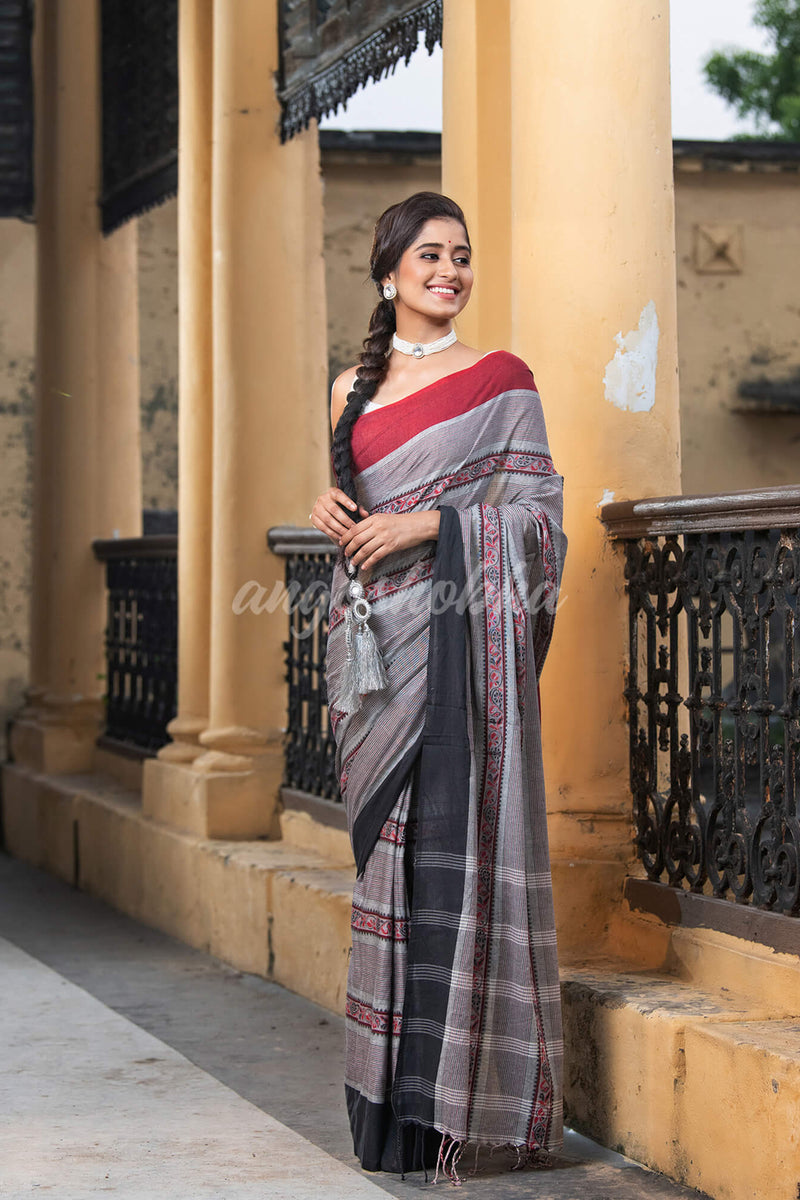 Grey Cotton All Body Jacquard Stripe Ganga Yamuna Border Handloom Saree