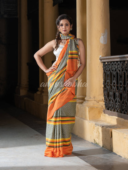 Yellow Cotton All Body Jacquard Multi Colour Stripe Handloom Saree