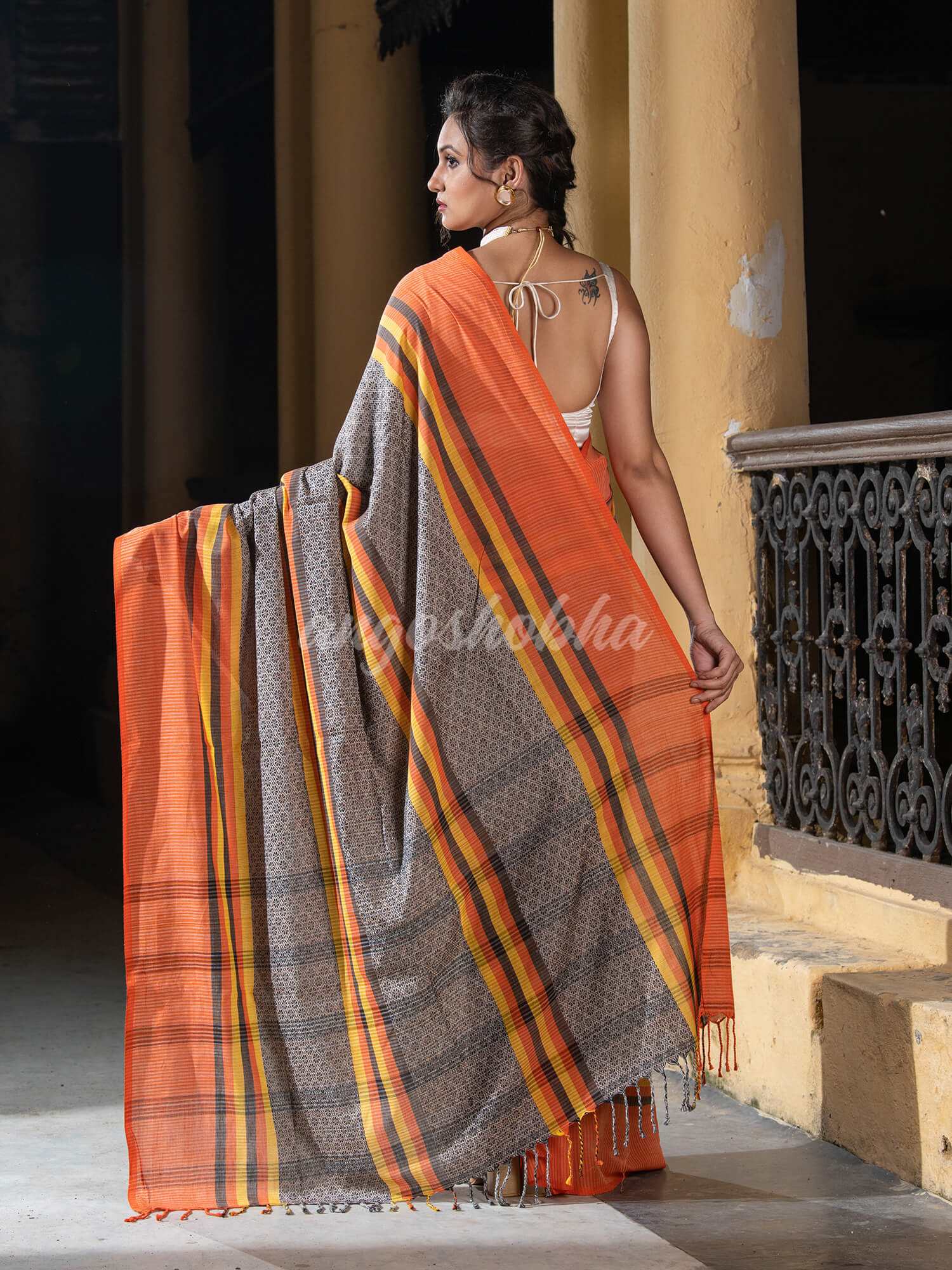 Beige Cotton All Body Jacquard Multi Colour Stripe Handloom Saree