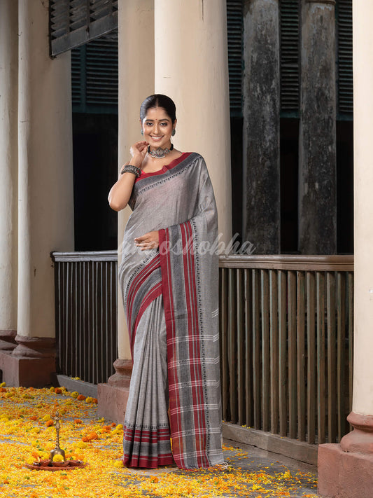 Grey Cotton Mahapar Border With Stripe Pallu Handloom Saree